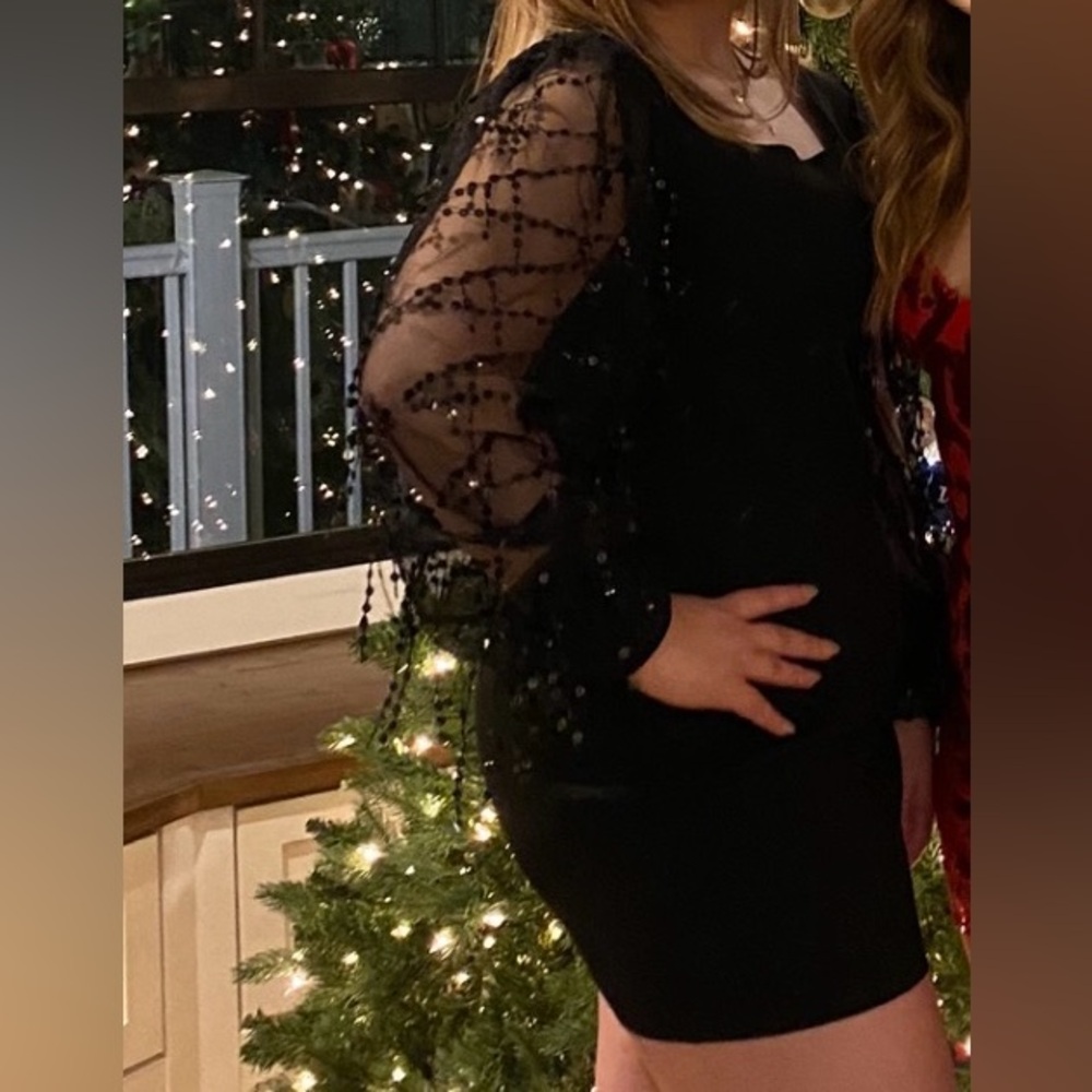 Bebe stretch black Bodycon dress with black beaded long sleeves, size XL